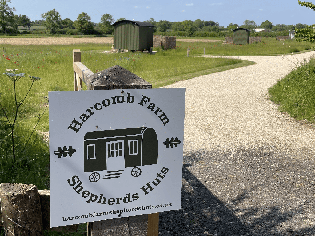 Harcomb Farm Shepherds Huts, sign at the entrance gate